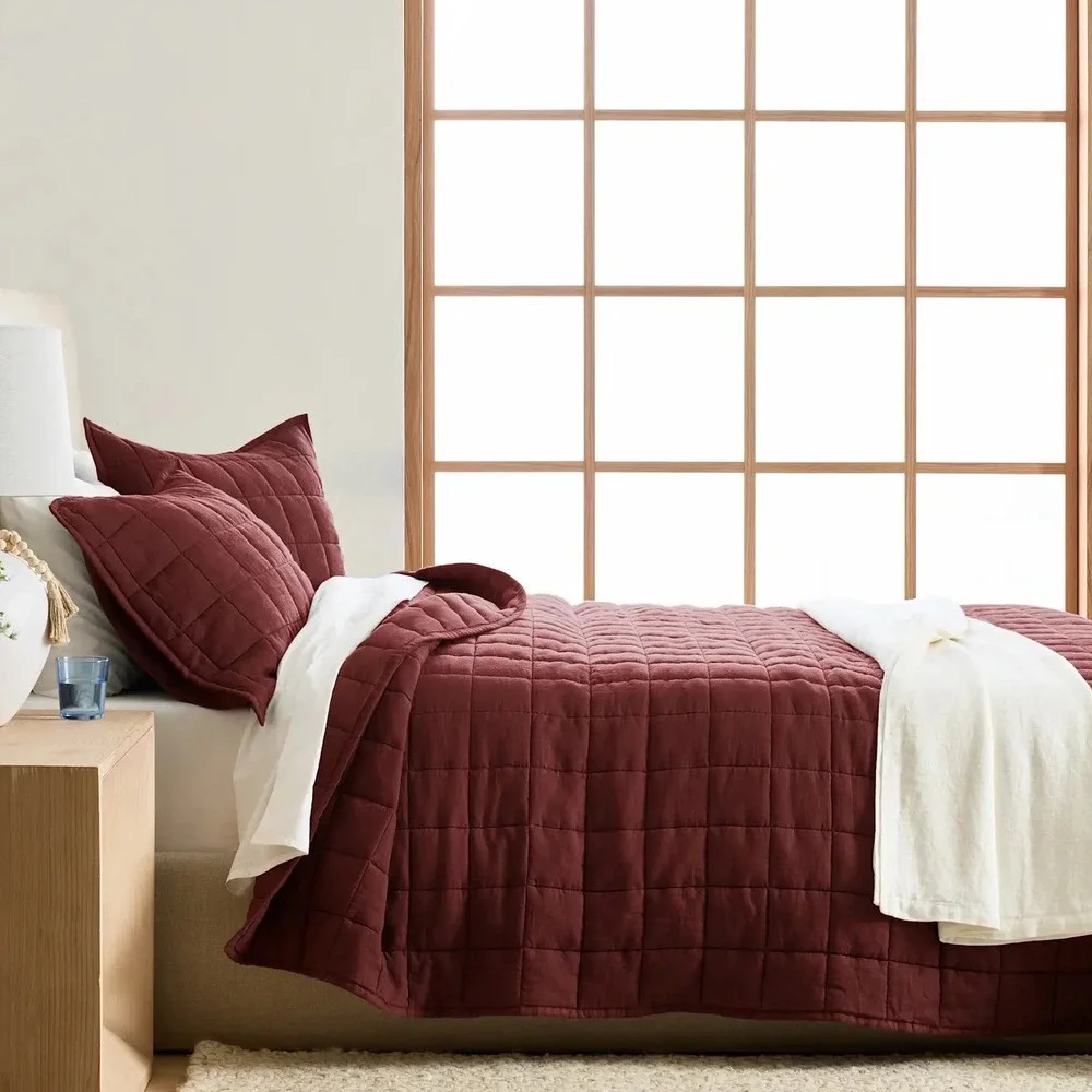 Quince European Linen Box Stitch Quilt Bedding Burgundy Size Full Queen NEW